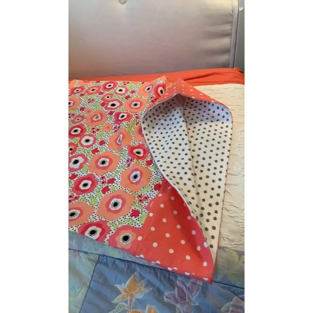 Handmade Floral Flannel Pillowcase - Coral Blooms, Polka Dot Border